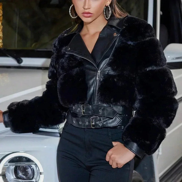 Black Casual Women's Faux Fur Faux Leather Patchwork Fitted Warm Jacket - Picture 4 of 6